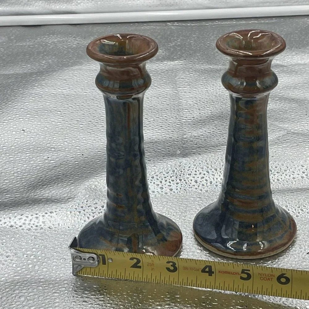 Studio Pottery Pair Of Candlestick Holder Drip Glaze Blue Brown Artist Signed 6”